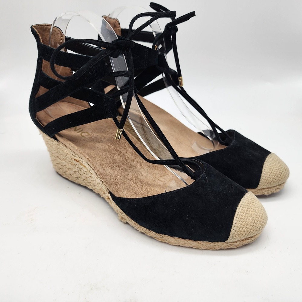Vionic Calypso Espadrille Wedge Sandals Women's Size 10 Black Lace Up Suede